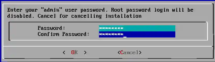 Password setup screen in TrueNAS installation with fields for entering and confirming a new admin password.