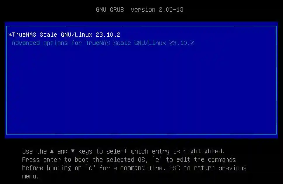 GRUB bootloader version 2.06-13 displaying TrueNAS Scale GNU/Linux 23.10.2 as the main bootable entry.