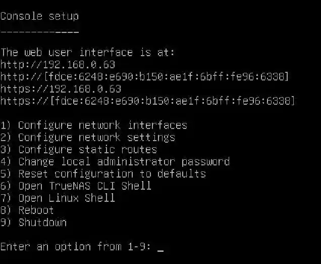 Console setup screen displaying network configuration options and web user interface addresses for TrueNAS.
