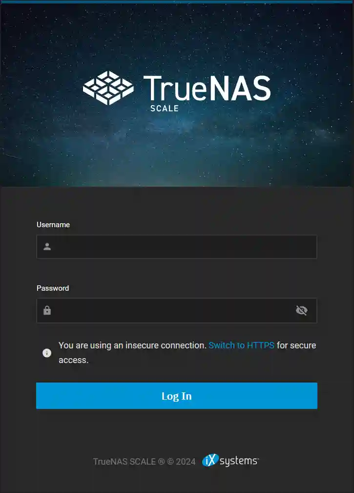 Login screen for TrueNAS SCALE featuring a username and password field, with a night sky background and a reminder to switch to HTTPS for secure access.
