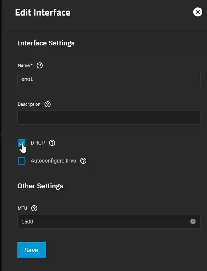 TrueNAS SCALE interface settings dialog with fields for 'Name', 'Description', DHCP toggle, IPv6 autoconfiguration checkbox, and MTU value.