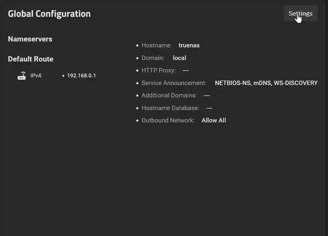 Global Configuration section in TrueNAS SCALE with settings for nameservers, default route, hostname, domain, and service announcement options.