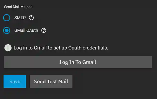 Email configuration screen in TrueNAS SCALE with the option to use Gmail OAuth selected and a button to log in to Gmail for OAuth setup.