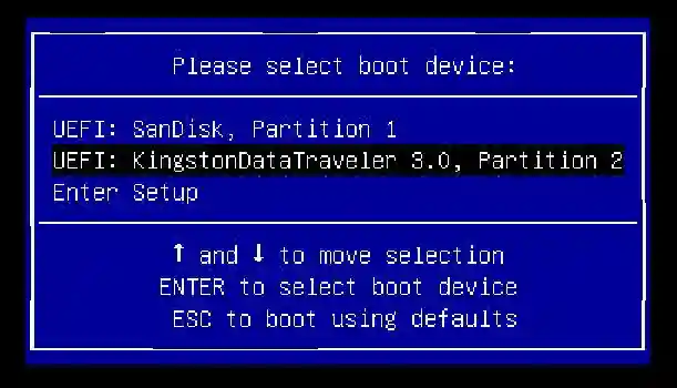 Boot device selection screen displaying options for UEFI SanDisk Partition 1 and with KingstonDataTraveler 3.0 Partition 2 Selected.