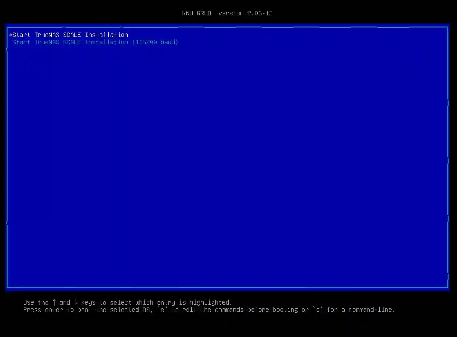 GRUB bootloader screen with the option to start TrueNAS SCALE Installation highlighted.
