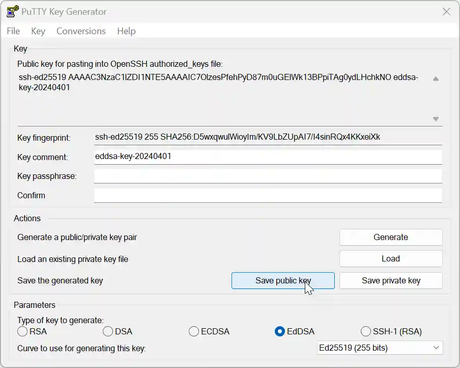 A PuTTY Key Generator window displaying an EdDSA public key ready to be saved, with options to generate a key pair, load an existing key, and save keys. Save public key is selected.