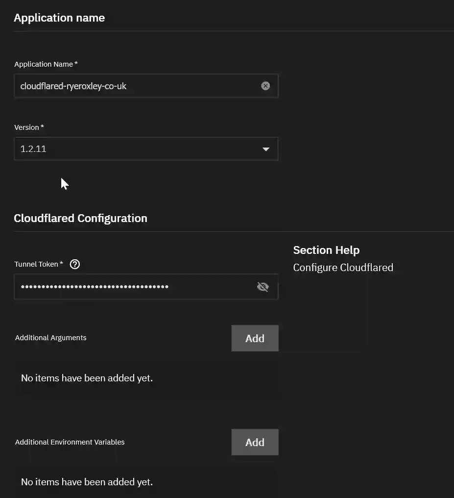 A configuration setup page for Cloudflared with fields for the application name, version, and tunnel token, and options to add additional arguments and environment variables.