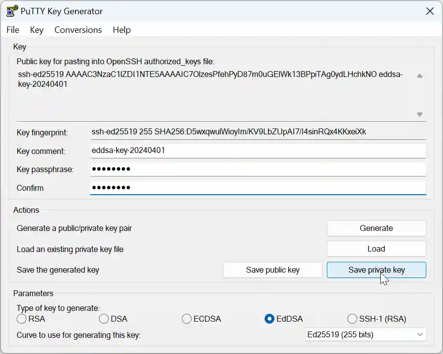 A screenshot of the PuTTY Key Generator with a completed EdDSA key, a key passphrase entered, and the option to save the private key highlighted.