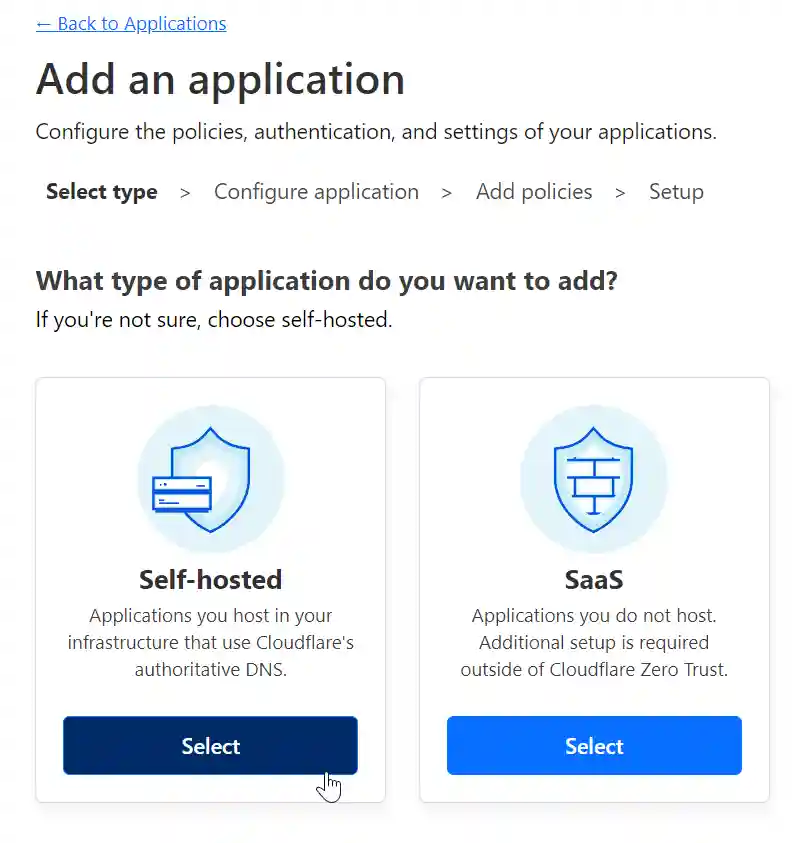 A Cloudflare interface for adding an application, presenting two options: 'Self-hosted' for applications hosted in your own infrastructure and 'SaaS' for applications hosted externally, each with a 'Select' button.