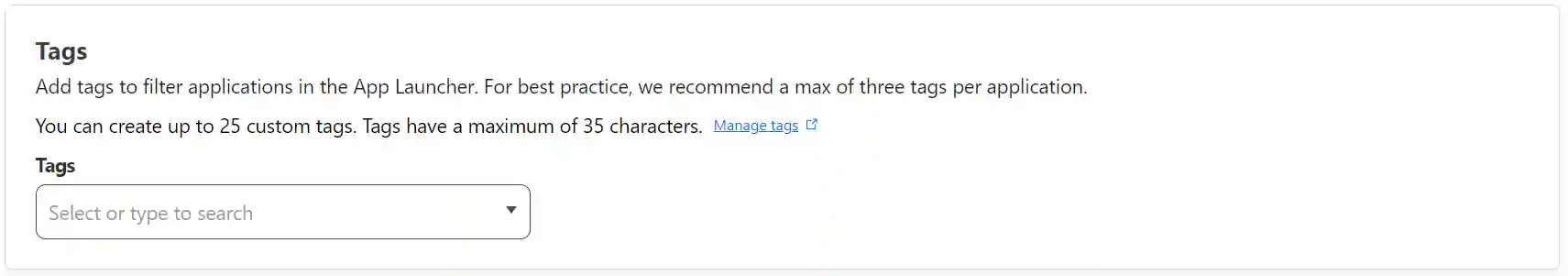 Cloudflare interface for adding tags to applications in the App Launcher, with a recommendation for a maximum of three tags per application and a capacity for 25 custom tags.