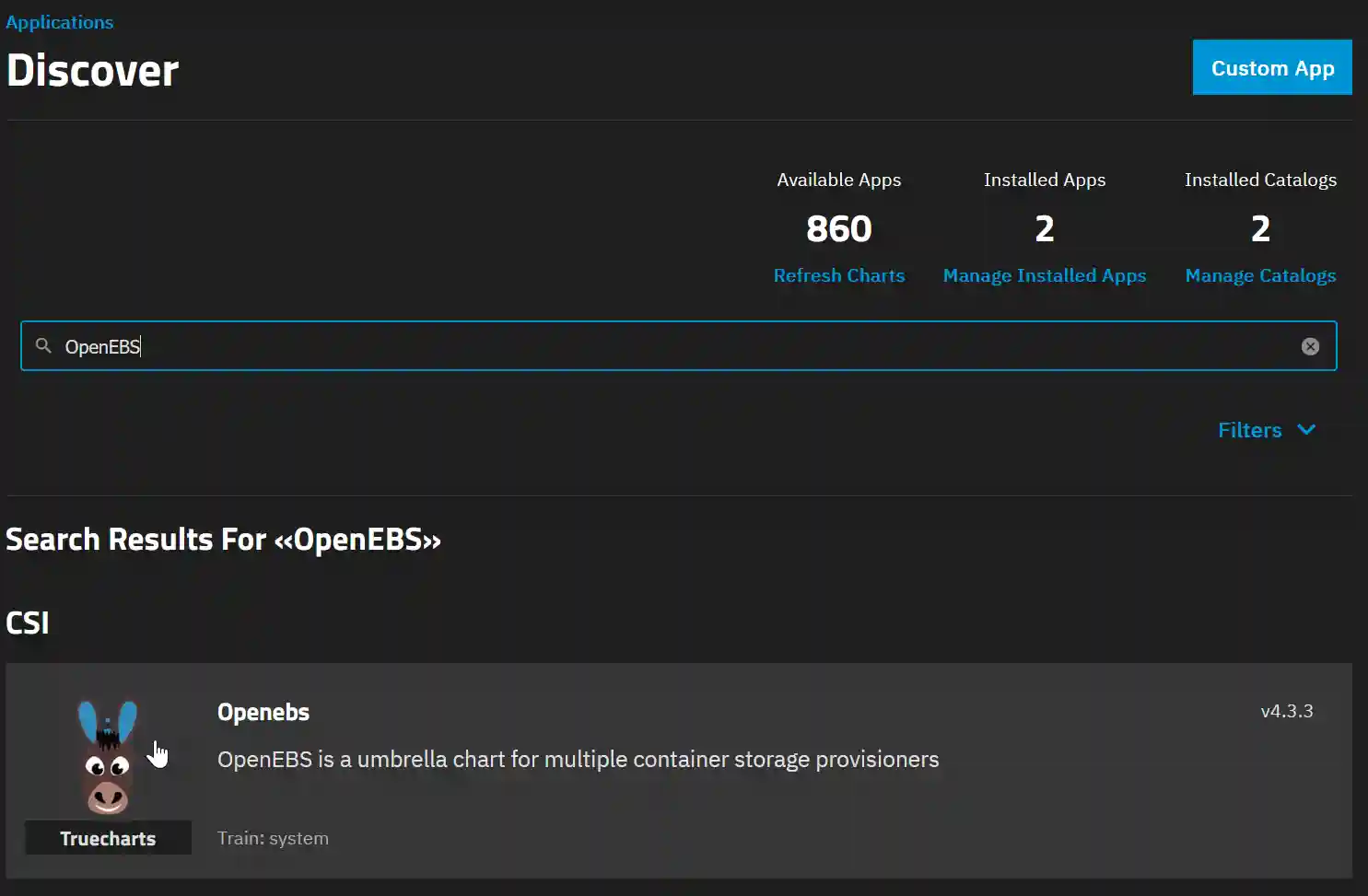 Screenshot of an application discovery interface with search results for "OpenEBS".