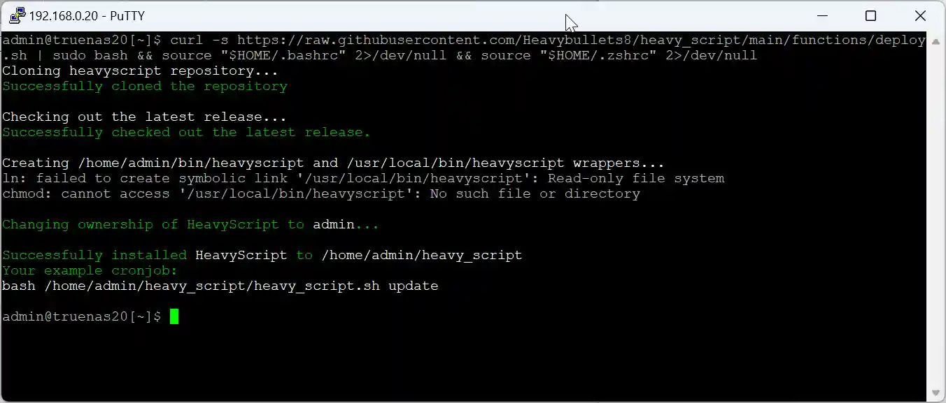 Terminal output displaying the installation process of HeavyScript on a TrueNAS system.