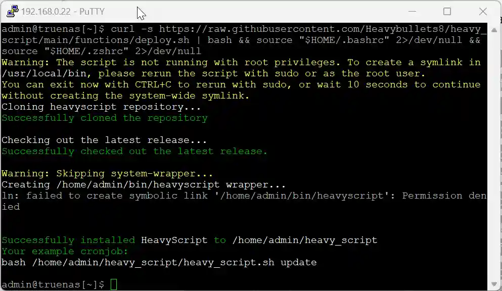 A screenshot of a PuTTY terminal window showing an installation process of HeavyScript on a TrueNAS system.