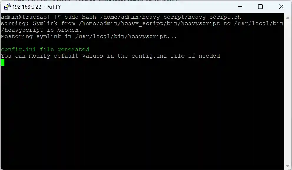 Screenshot of a terminal session where an administrator attempts to execute a script that creates a symbolic link for heavyscript, encounters a broken symlink issue, and generates a config.ini file.