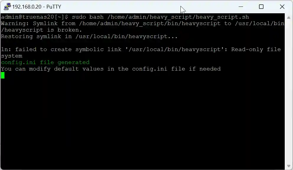 A terminal session in PuTTY showing a script execution for installing HeavyScript, with warnings about broken symlinks and file system permissions.
