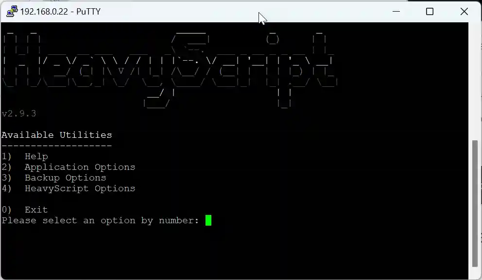 A black PuTTY terminal window displaying a menu from HeavyScript v2.9.3 with options including Help, Application Options, Backup Options, HeavyScript Options, and Exit.