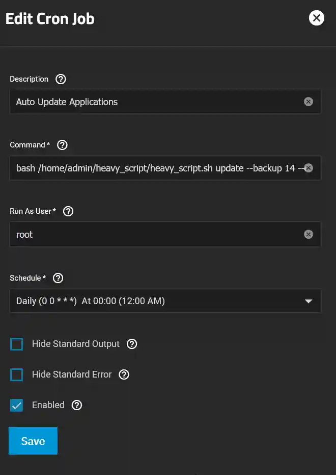 A graphical interface for scheduling a cron job with a description 'Auto Update Applications', and a command to execute a script as the root user, scheduled to run daily at midnight.