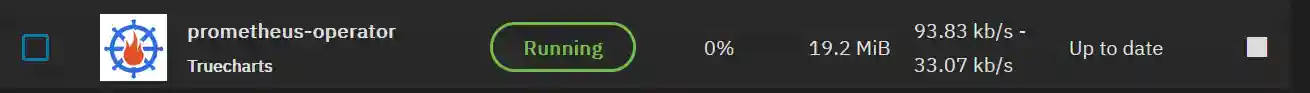 A dashboard snippet showing the 'prometheus-operator' app by TrueCharts as 'Running' with 0% CPU usage, 19.2 MiB memory usage, network activity at 93.83 kb/s download and 33.07 kb/s upload, labeled 'Up to date'.