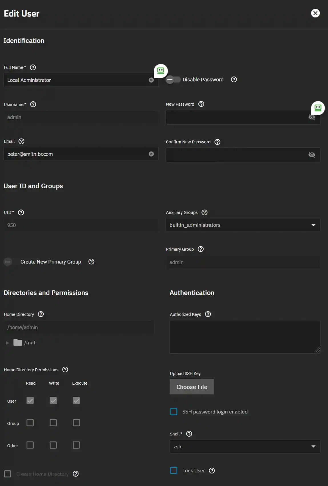User interface for editing a local administrator account, showing fields for name, email, password, groups, directory permissions, and authentication settings including SSH key upload