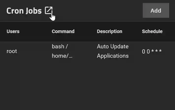 A user interface for Cron Jobs featuring a list with columns for Users, Command, Description, and Schedule. There's one entry for the root user with a command starting with 'bash /home/...', described as 'Auto Update Applications', scheduled for midnight every day.