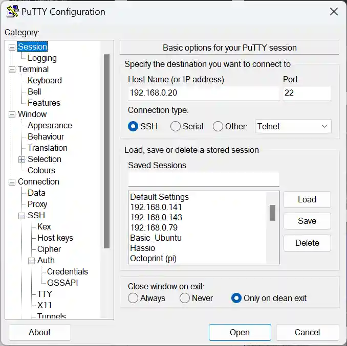 Screenshot of PuTTY Configuration window showing session setup for an SSH connection to host 192.168.0.20 with port 22, including a list of saved sessions for various IP addresses and names.