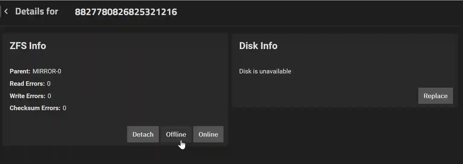 A computer interface displaying ZFS and disk information. The left section, titled 'ZFS Info,' lists 'Parent: MIRROR-0' with zero read, write, and checksum errors. Three buttons labeled 'Detach,' 'Offline,' and 'Online' are at the bottom. The right section, titled 'Disk Info,' states 'Disk is unavailable' with a 'Replace' button at the bottom.