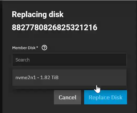 A dialog box titled "Replacing disk" with a sequence of numbers above two buttons labeled "Cancel" and "Replace Disk," the latter highlighted by a cursor icon suggesting user action.