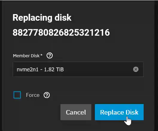 A dialogue box titled "Replacing disk" with a long numerical identifier is shown. The box contains a field labeled "Member Disk" with an entry "nvme2n1 - 1.82 TiB" and two buttons below: "Cancel" and "Replace Disk," the latter highlighted in blue with a cursor icon indicating a click.