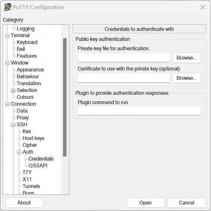 Screenshot of PuTTY Configuration window with Auth panel under SSH category open, highlighting options for public-key authentication and fields to input private key file and certificate.