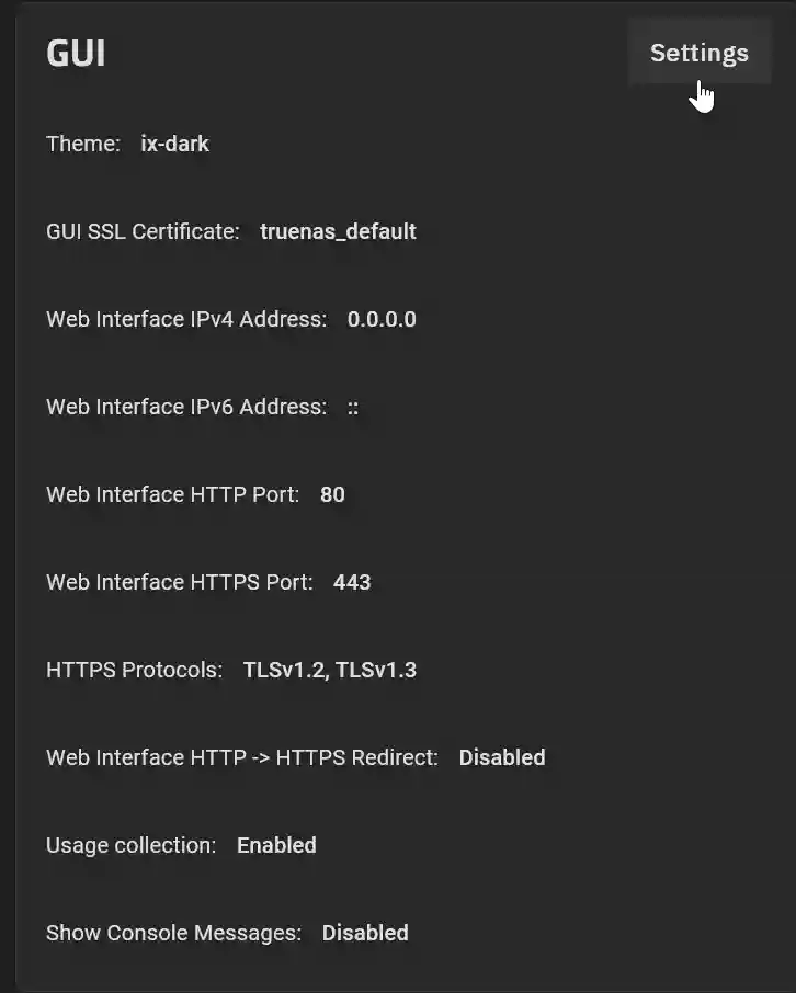 A screenshot of a graphical user interface (GUI) settings page, displaying options for themes, SSL certificates, IP addresses, ports, HTTPS protocols, and other system settings such as usage collection and console message display options.