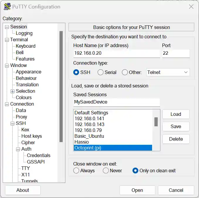 Screenshot of PuTTY Configuration dialog showing session setup for an SSH connection to host 192.168.0.20 on port 22.