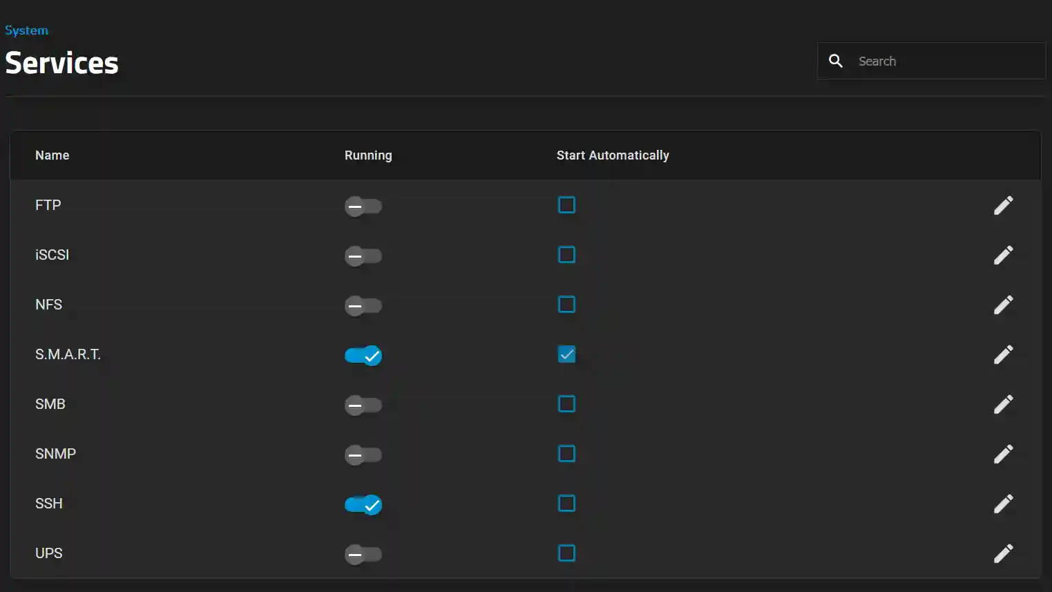 Screenshot of the 'Services' section within a system configuration interface showing various services with toggles for 'Running' and 'Start Automatically'.