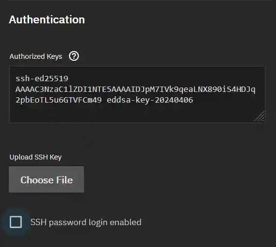A close-up of the 'Authentication' section in a server's settings interface, displaying an authorized SSH key with a partial key visible, a button to upload a new SSH key, and an option indicating SSH password login is disabled.