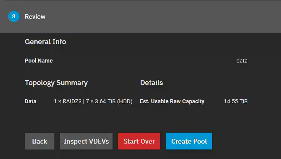 Final review screen in a configuration process displaying the pool name 'data', a topology summary with RAIDZ3 layout, and buttons for navigation and creating the storage pool.