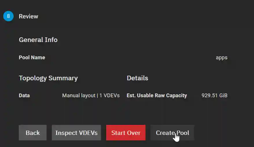 Final review screen for a storage pool named 'apps', showing a manual layout with 1 VDEV and an estimated usable raw capacity of 929.51 GiB.