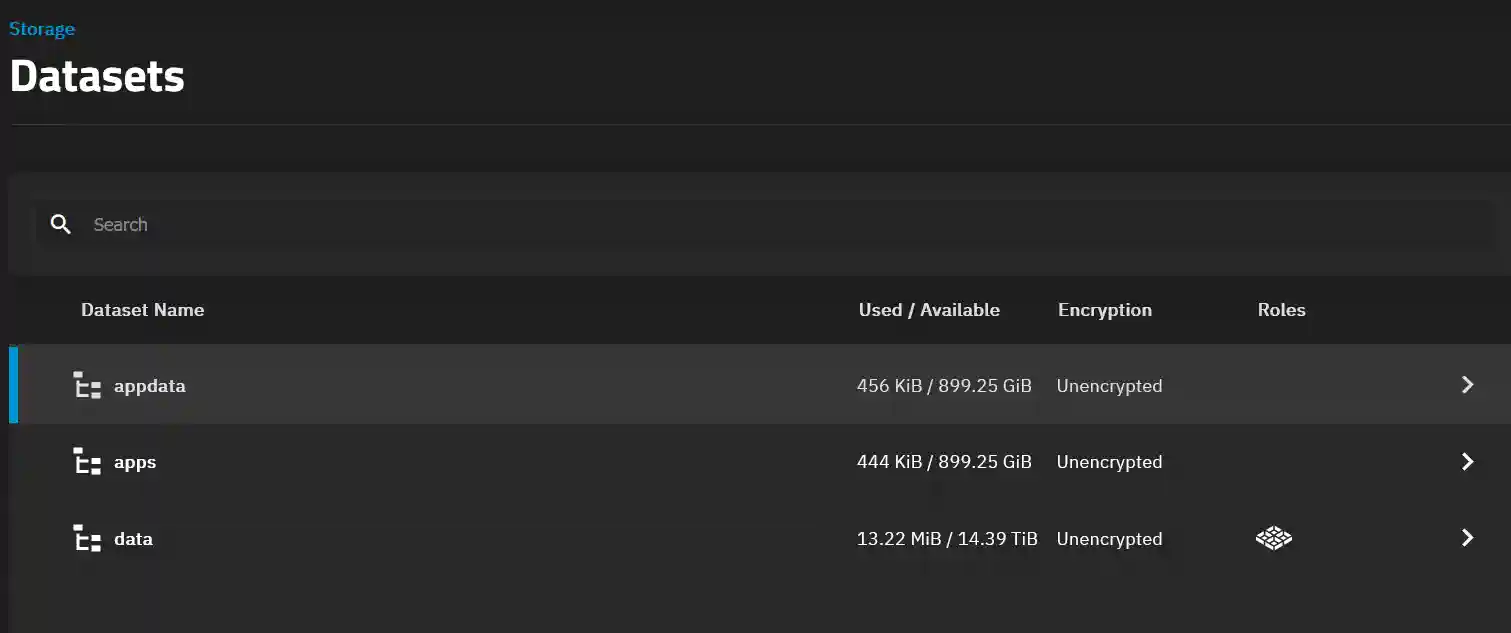 A user interface displaying a list of datasets named 'appdata', 'apps', and 'data', with their used and available space, and all marked as unencrypted.
