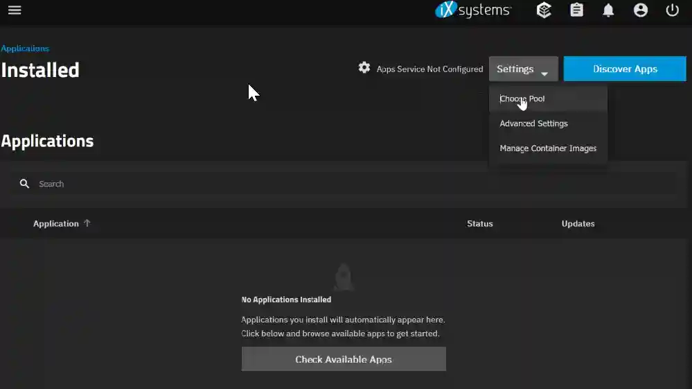 A management interface with no applications installed, an option to check available apps, and a notification that the Apps Service is not configured.