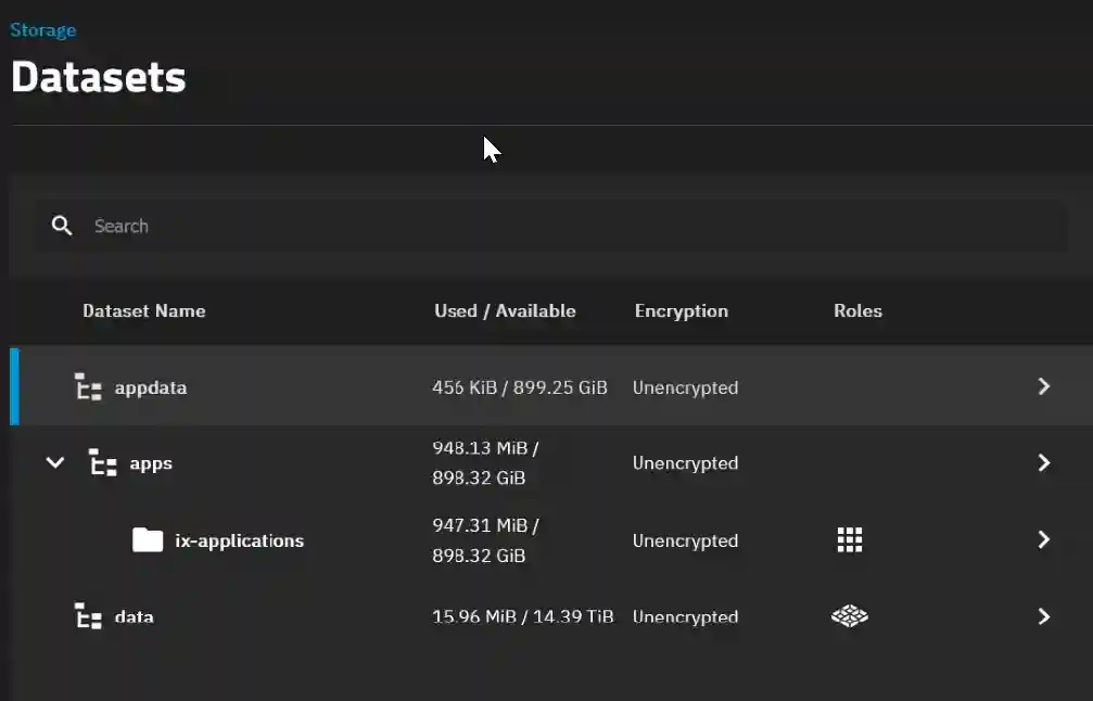 A storage management interface showing datasets named 'appdata', 'apps', and a nested 'ix-applications' under 'apps', each with usage statistics and marked as unencrypted.