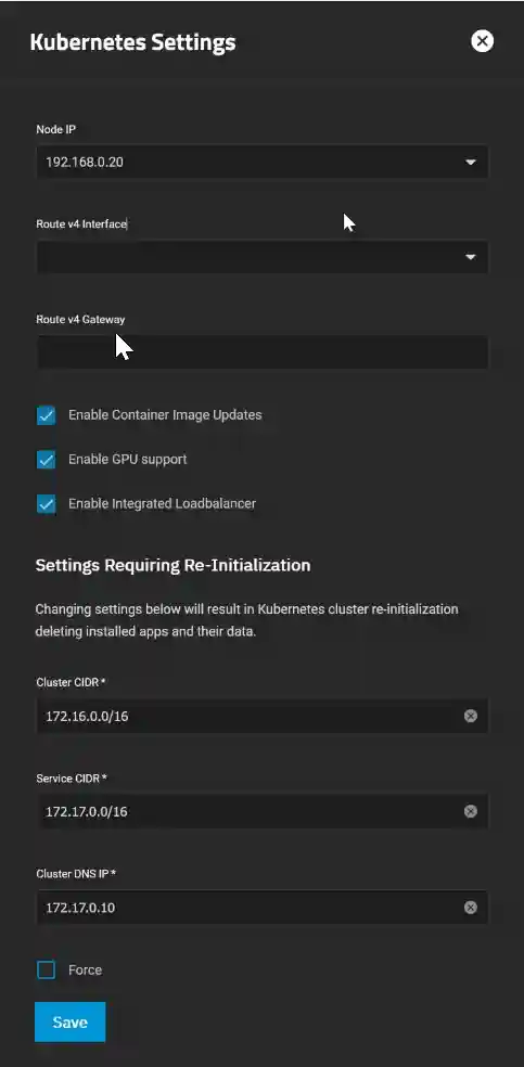 A configuration panel for Kubernetes Settings, with fields for Node IP, Route v4 Interface and Gateway, options to enable image updates, GPU support, and load balancer, and settings for cluster re-initialization.