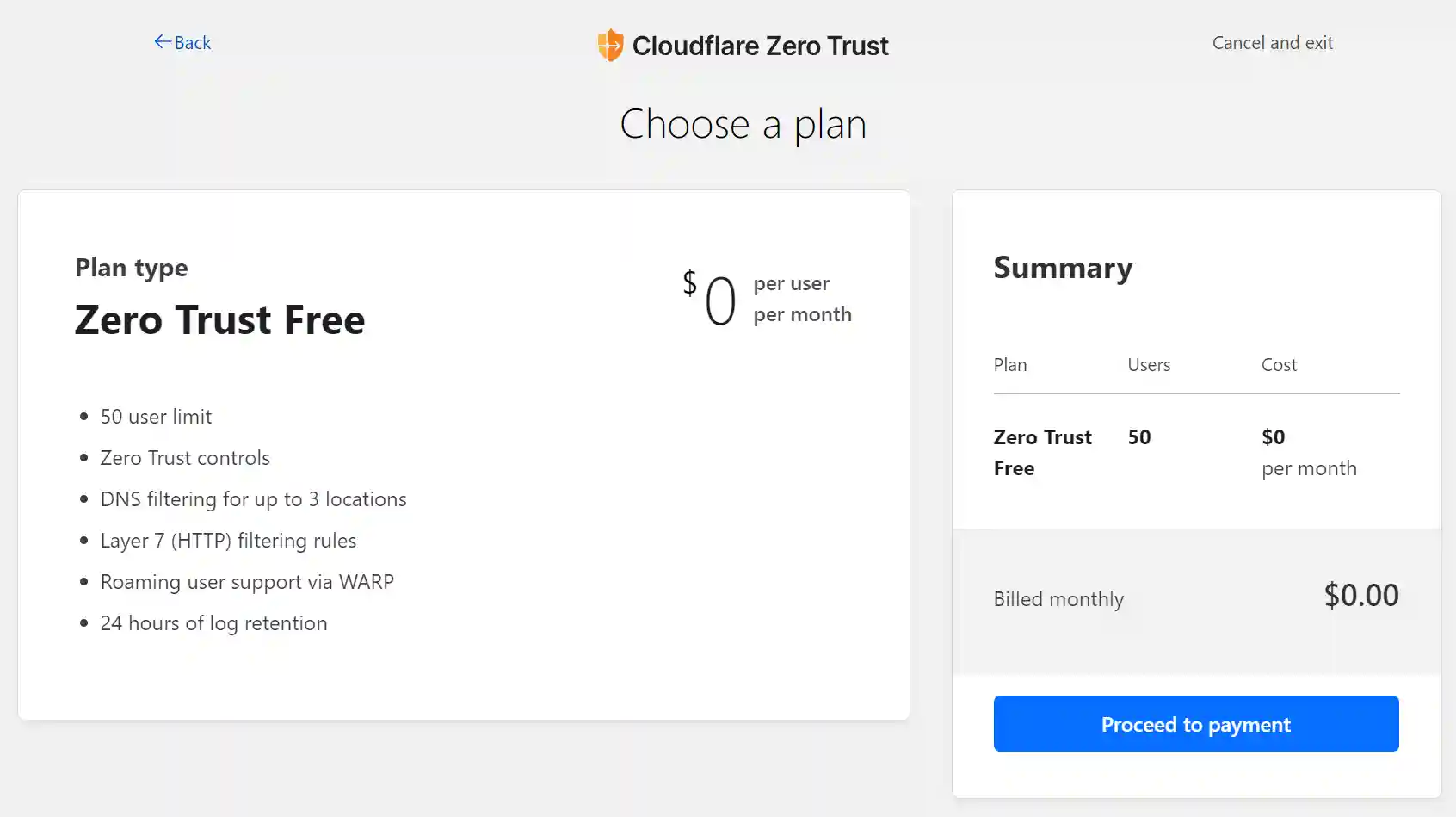 Cloudflare Zero Trust plan selection screen, highlighting the Zero Trust Free plan details, with a summary box confirming the selection for 50 users at no cost.
