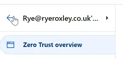 A cursor hovers over a back button for the email address, Rye@ryeroxley.co.uk, next to a 'Zero Trust overview' button in a software interface.