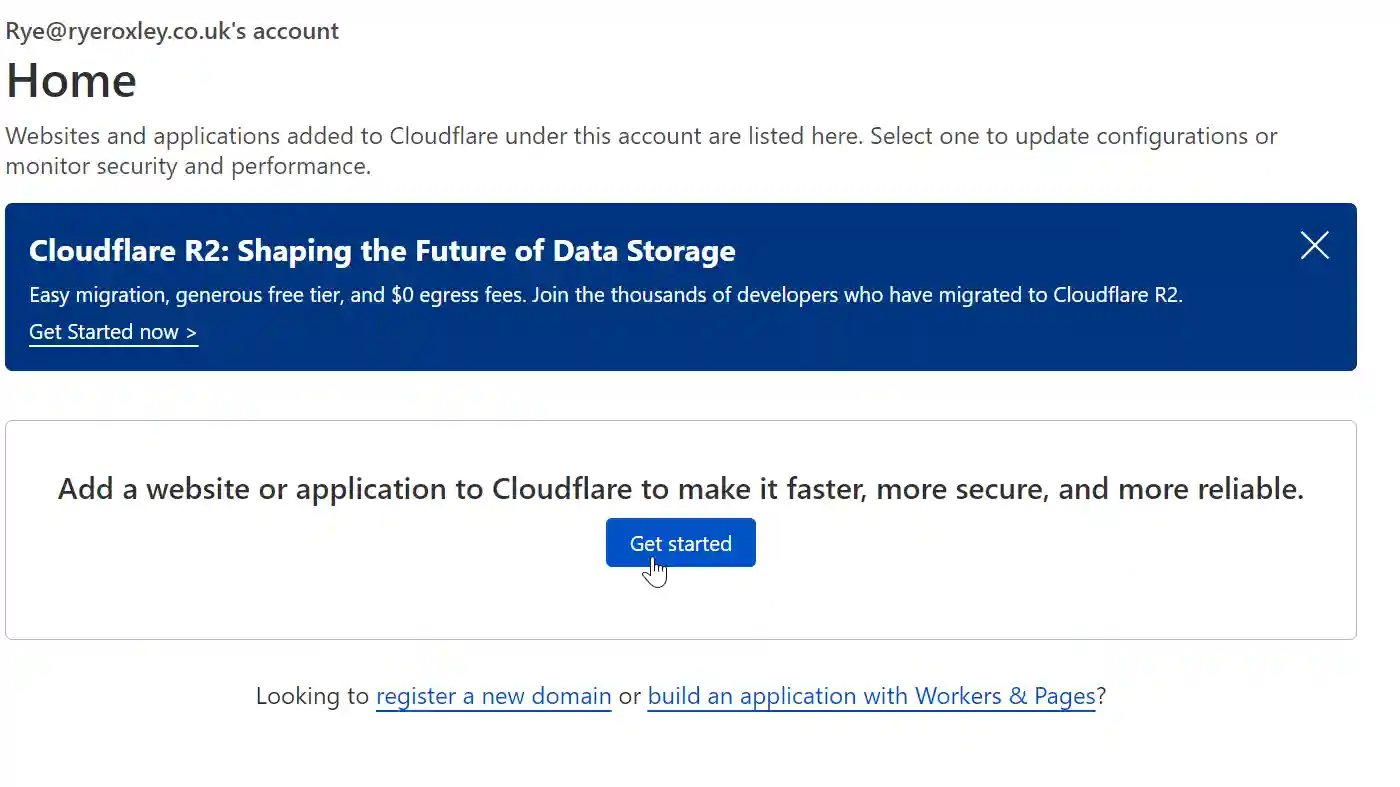 A Cloudflare account homepage for Rye@ryeroxley.co.uk, featuring an advertisement for Cloudflare R2 data storage and a prompt to add websites or applications for improved security and performance.