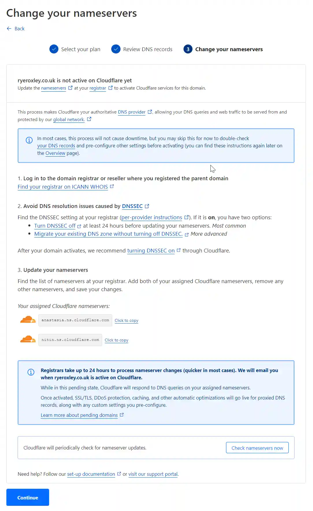 A Cloudflare setup page instructing to change nameservers for the domain ryeroxley.co.uk, with steps provided and assigned Cloudflare nameservers listed.