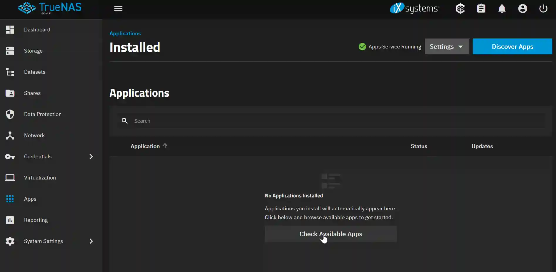 A screenshot of the TrueNAS Scale interface with no applications installed, featuring a sidebar with various management options and a main window with an option to check available apps.