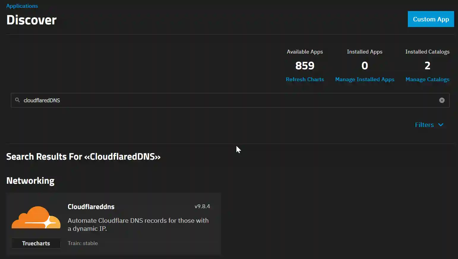A search result on the TrueNAS Discover Applications page showing an app called 'CloudflaredDNS' designed to automate Cloudflare DNS records for dynamic IP addresses.
