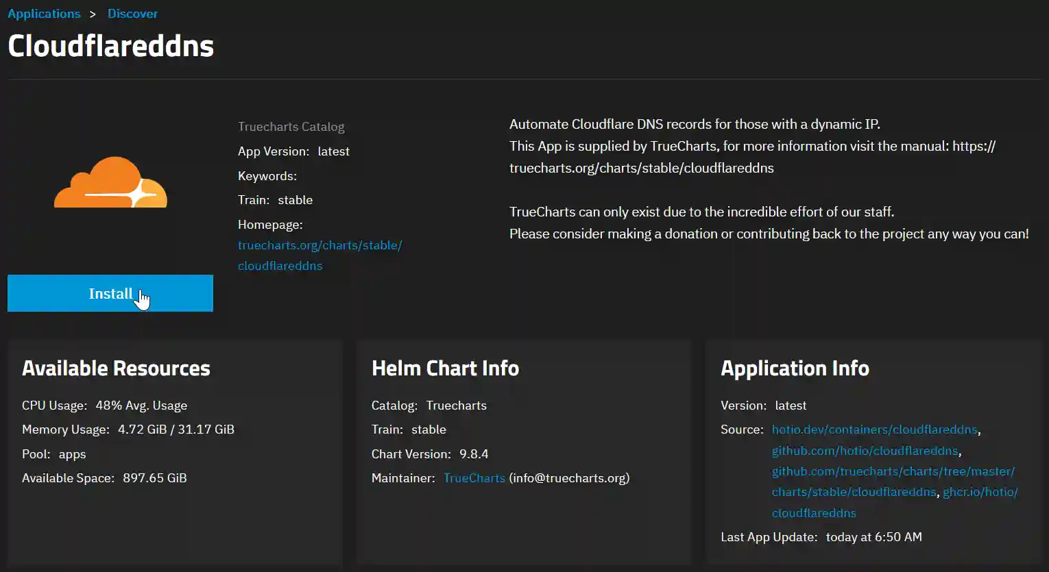 Detailed view of the 'CloudflaredDNS' app in the TrueNAS catalog, highlighting the latest version, stable train, and resources needed, with links to documentation and an invitation to support the TrueCharts project.