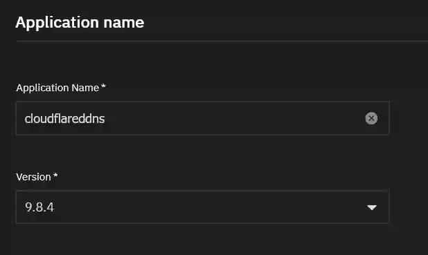 A configuration window for an application named 'cloudflaredDNS' with the version field set to 9.8.4, ready for installation or update.