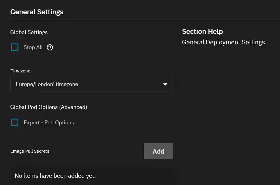 A screenshot of the 'General Settings' panel in a software application, with options to 'Stop All', set the timezone to 'Europe/London', enable 'Expert - Pod Options', and add 'Image Pull Secrets', indicative of deployment configurations.