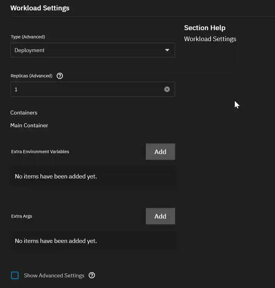A screenshot of 'Workload Settings' in a deployment configuration interface, showing options to specify deployment type, the number of replicas, and add containers along with extra environment variables and arguments.