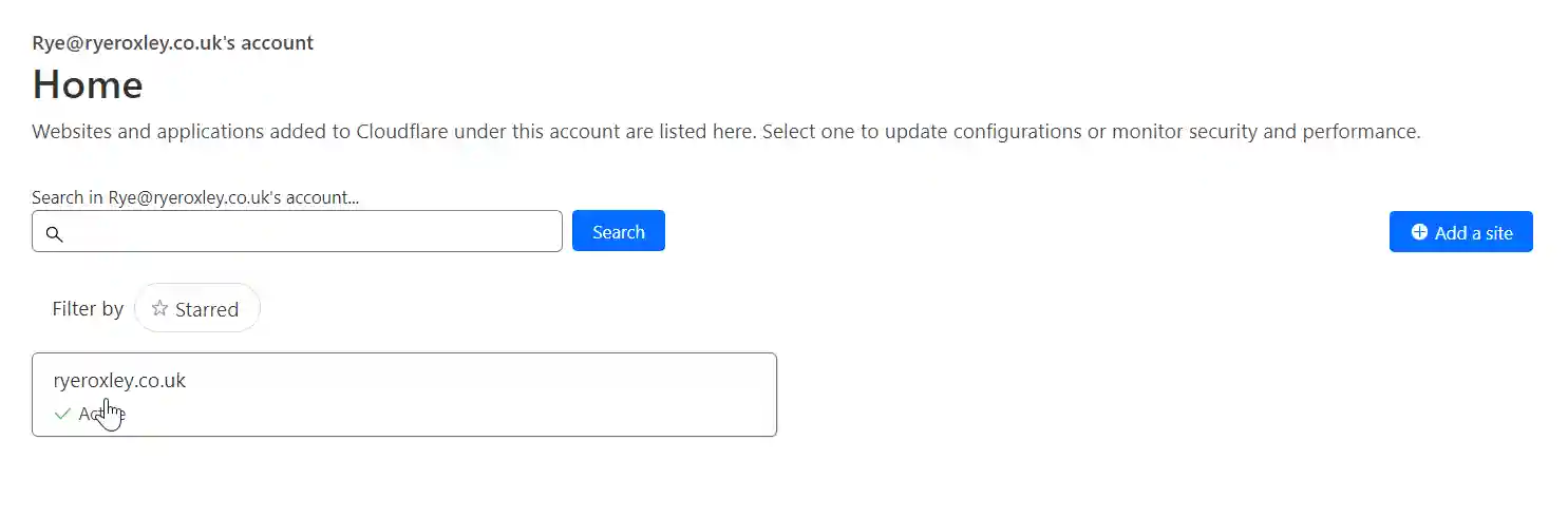 The homepage of a Cloudflare account management interface displaying the domain 'ryeroxley.co.uk' as active. A search bar and 'Add a site' button are available for further actions.